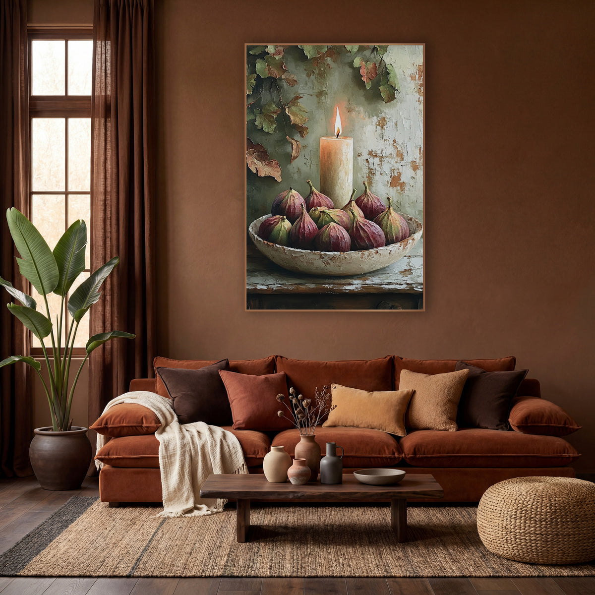 Chunky Candle Fig Ivy wall art in a warm boho-style room – lit cream candle behind a chipped bowl of plum and green