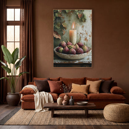 Chunky Candle Fig Ivy wall art in a warm boho-style room – lit cream candle behind a chipped bowl of plum and green