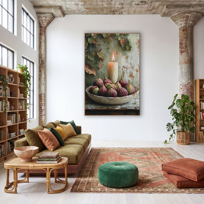 Chunky Candle Fig Ivy wall art in a warm boho-style room – lit cream candle behind a chipped bowl of plum and green