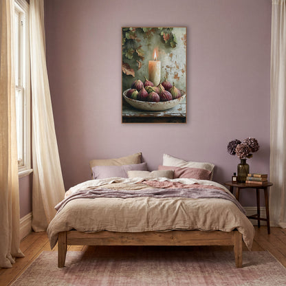 Chunky Candle Fig Ivy wall art in a warm boho-style room – lit cream candle behind a chipped bowl of plum and green