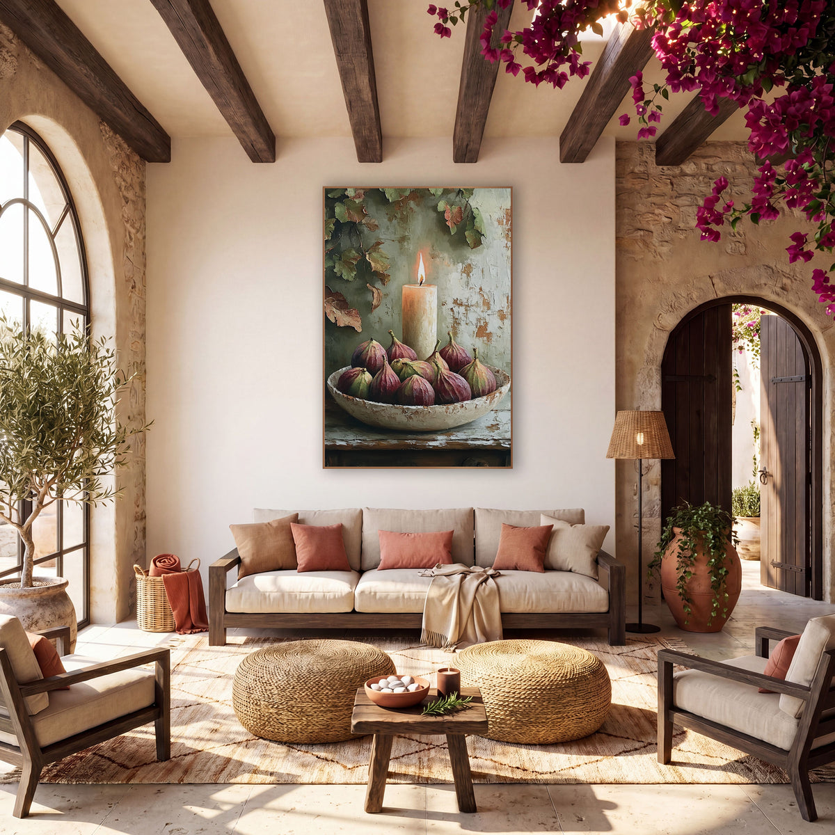 Chunky Candle Fig Ivy wall art in a warm boho-style room – lit cream candle behind a chipped bowl of plum and green