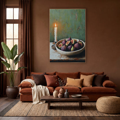 Taper Candle Halved Figs Rustic wall art in a warm boho-style room – still life of a lit white candle beside a cream