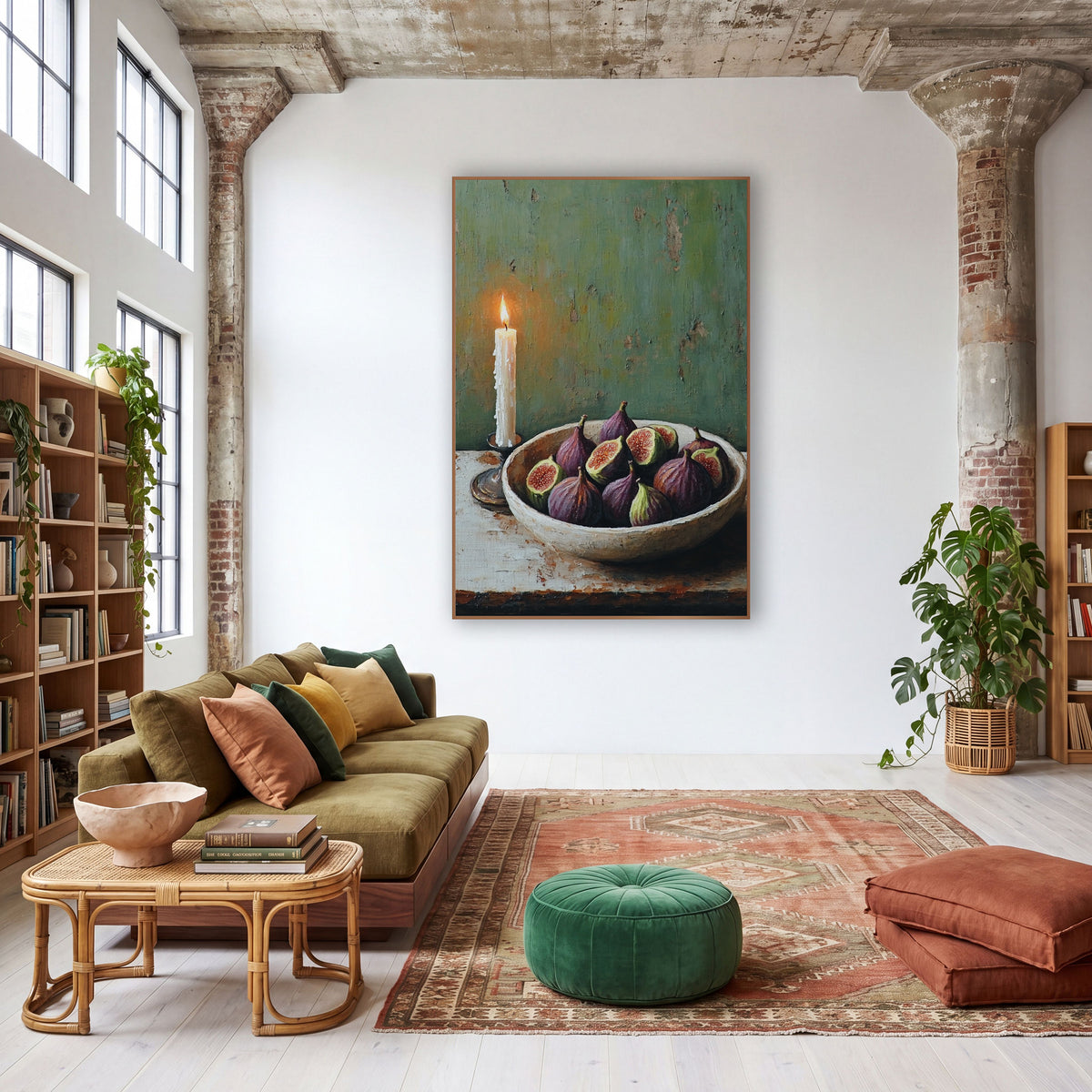 Taper Candle Halved Figs Rustic wall art in a warm boho-style room – still life of a lit white candle beside a cream