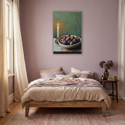 Taper Candle Halved Figs Rustic wall art in a warm boho-style room – still life of a lit white candle beside a cream