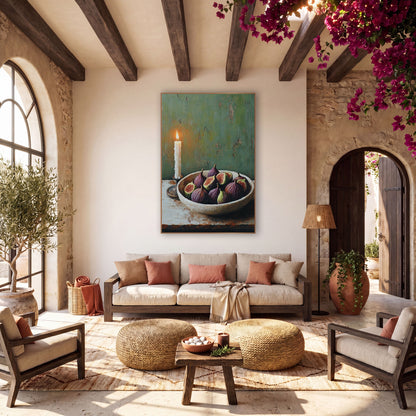 Taper Candle Halved Figs Rustic wall art in a warm boho-style room – still life of a lit white candle beside a cream