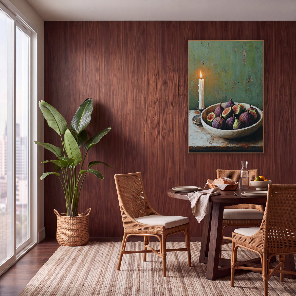Taper Candle Halved Figs Rustic wall art in a warm boho-style room – still life of a lit white candle beside a cream
