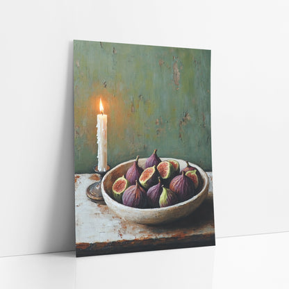 Taper Candle Halved Figs Rustic art print leaning against a white wall – still life of a lit white candle beside a cream bowl