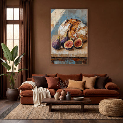 Rustic Sourdough and Fig Still Life wall art in a warm boho-style room – round sourdough loaf with two whole and two