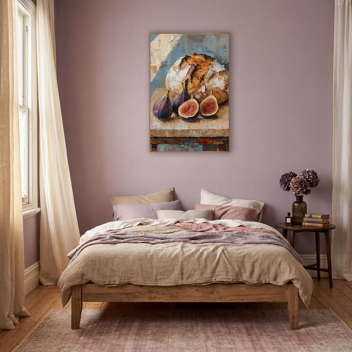 Rustic Sourdough and Fig Still Life wall art in a warm boho-style room – round sourdough loaf with two whole and two