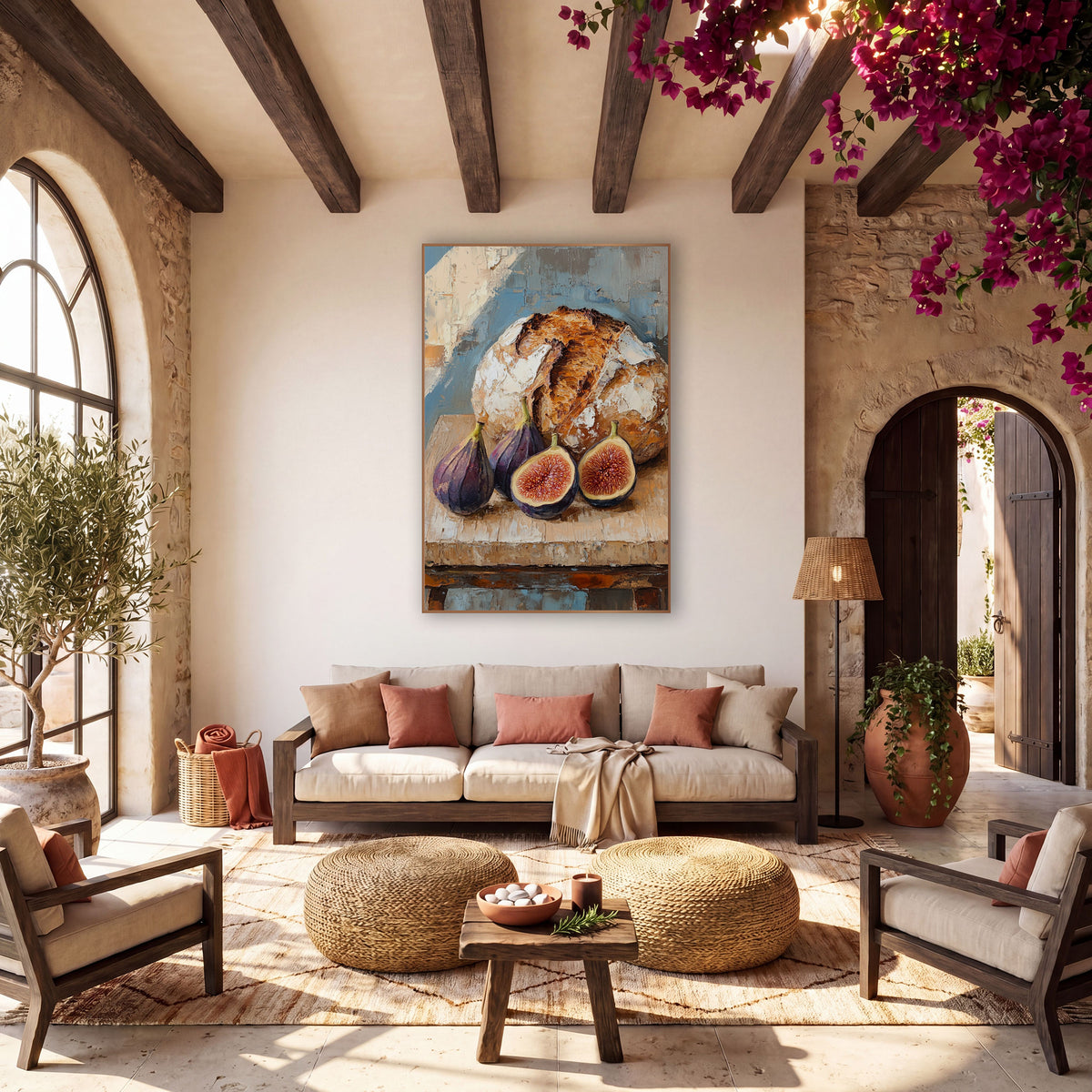 Rustic Sourdough and Fig Still Life wall art in a warm boho-style room – round sourdough loaf with two whole and two