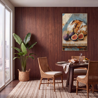 Rustic Sourdough and Fig Still Life wall art in a warm boho-style room – round sourdough loaf with two whole and two