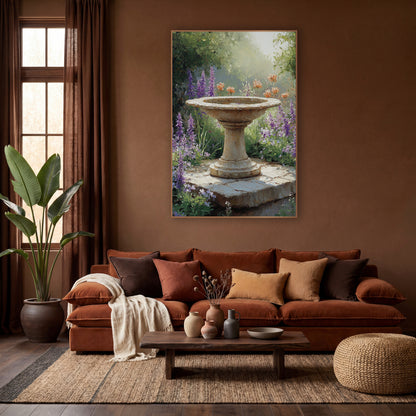 Lavender Garden Birdbath Floral Landscape wall art in a warm boho-style room – stone birdbath on a worn slab among