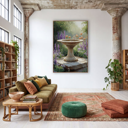 Lavender Garden Birdbath Floral Landscape wall art in a warm boho-style room – stone birdbath on a worn slab among