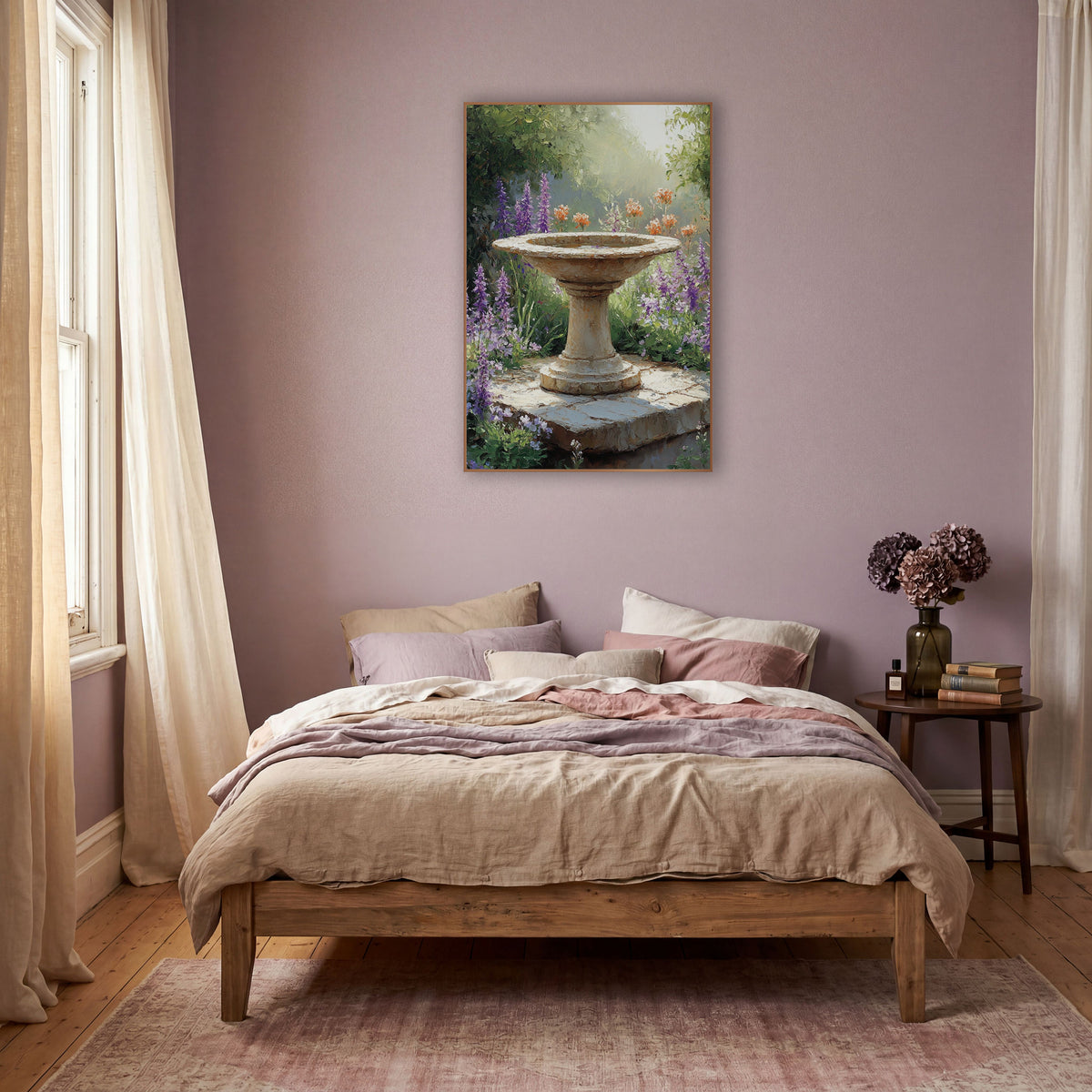 Lavender Garden Birdbath Floral Landscape wall art in a warm boho-style room – stone birdbath on a worn slab among
