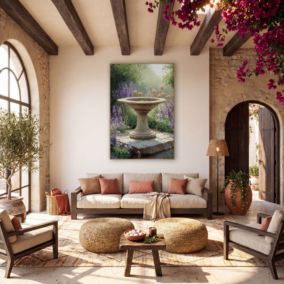 Lavender Garden Birdbath Floral Landscape wall art in a warm boho-style room – stone birdbath on a worn slab among