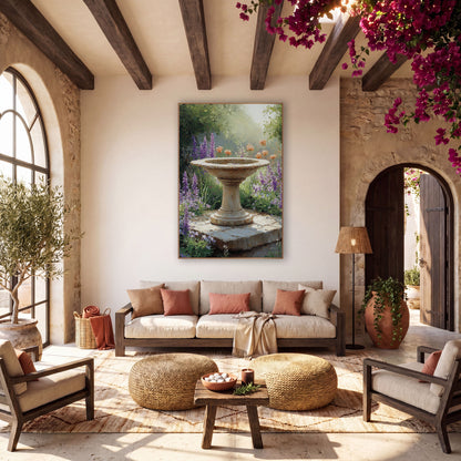 Lavender Garden Birdbath Floral Landscape wall art in a warm boho-style room – stone birdbath on a worn slab among