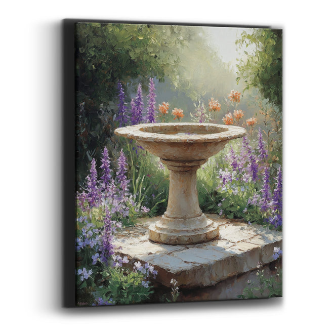 Lavender Garden Birdbath Floral Landscape Canvas Wall Art