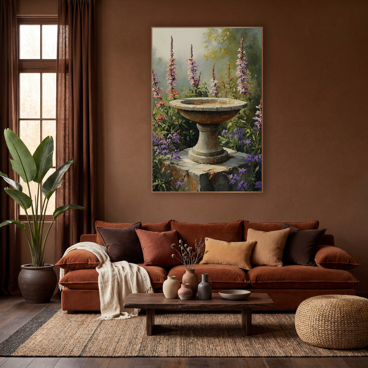 Stone Birdbath Wildflower Garden Bohemian wall art in a warm boho-style room – weathered stone birdbath on a block