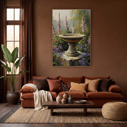 Stone Birdbath Wildflower Garden Bohemian wall art in a warm boho-style room – weathered stone birdbath on a block