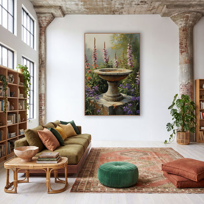 Stone Birdbath Wildflower Garden Bohemian wall art in a warm boho-style room – weathered stone birdbath on a block