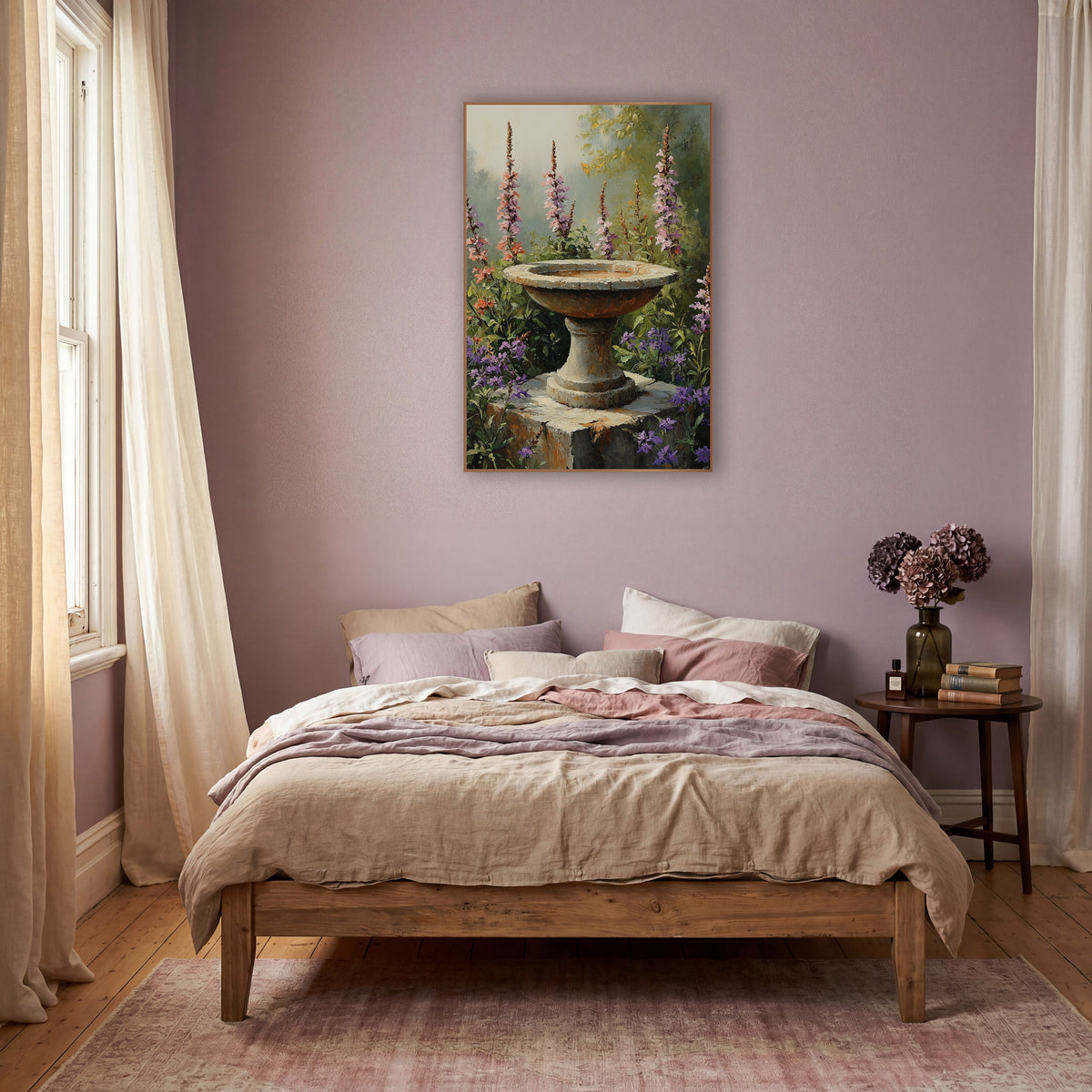 Stone Birdbath Wildflower Garden Bohemian wall art in a warm boho-style room – weathered stone birdbath on a block