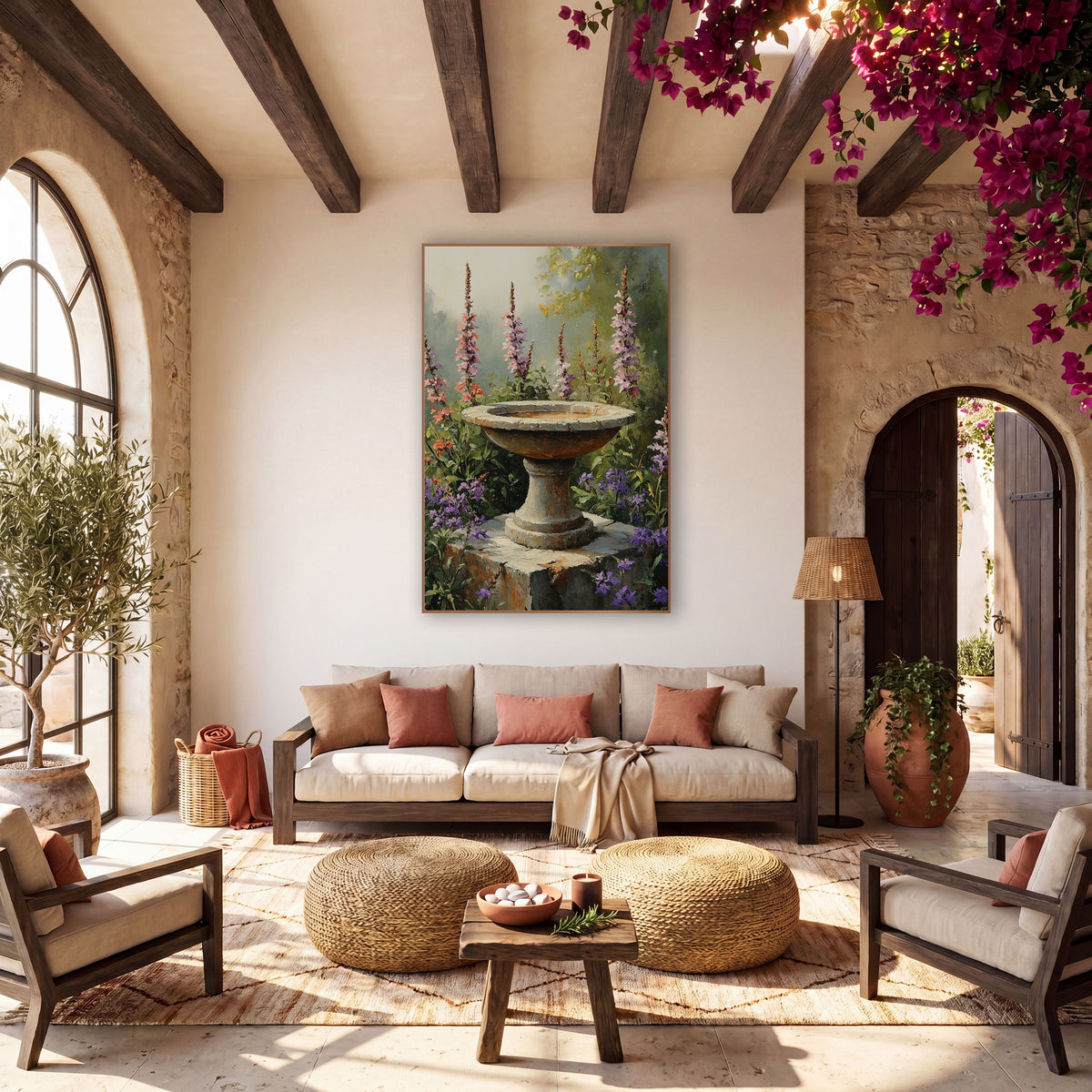 Stone Birdbath Wildflower Garden Bohemian wall art in a warm boho-style room – weathered stone birdbath on a block