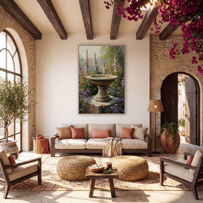 Stone Birdbath Wildflower Garden Bohemian wall art in a warm boho-style room – weathered stone birdbath on a block