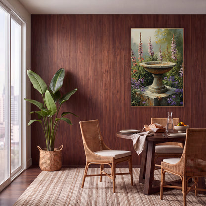 Stone Birdbath Wildflower Garden Bohemian wall art in a warm boho-style room – weathered stone birdbath on a block