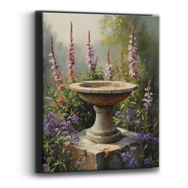 Stone Birdbath Wildflower Garden Bohemian Canvas Wall Art