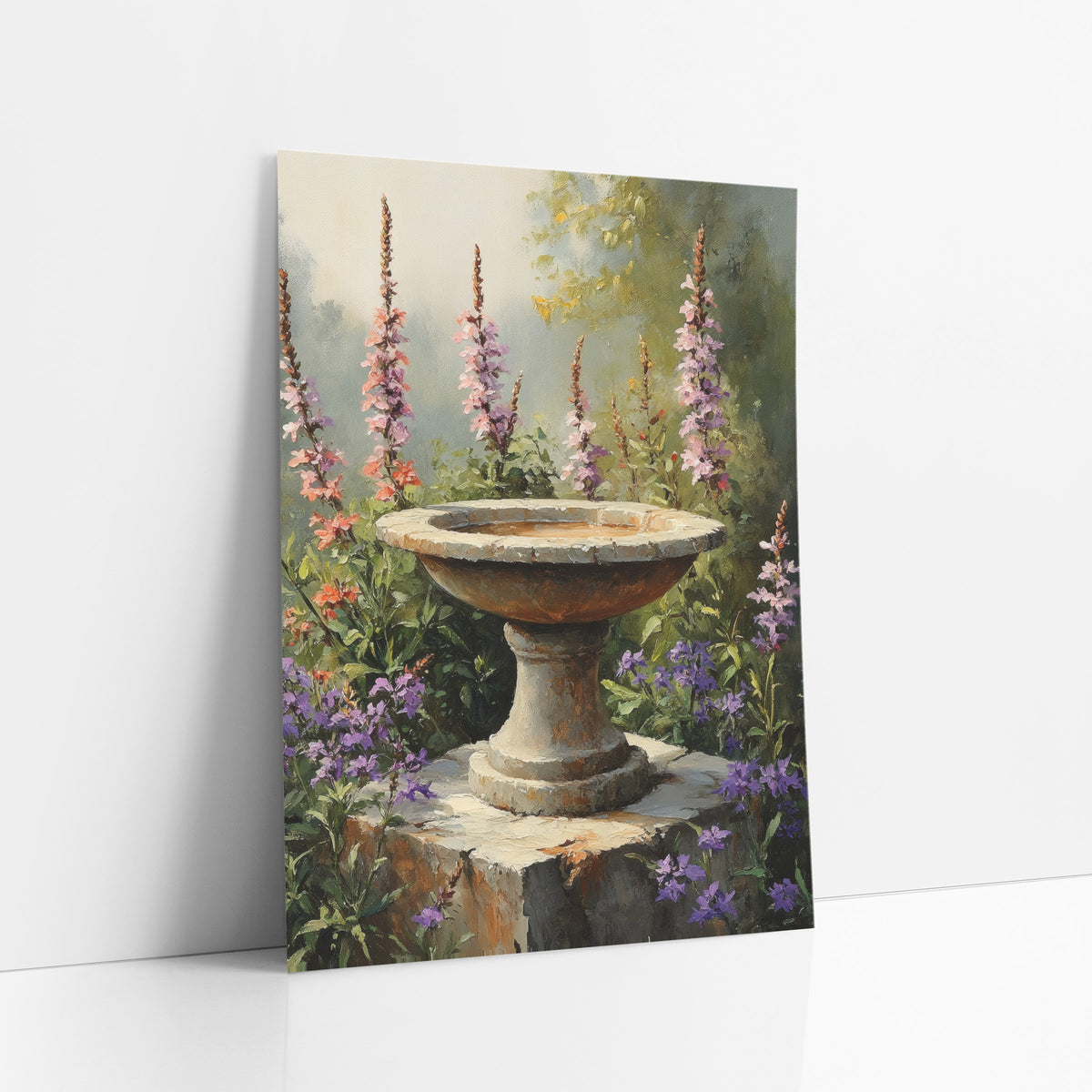Stone Birdbath Wildflower Garden Bohemian art print leaning against a white wall – weathered stone birdbath on a block among