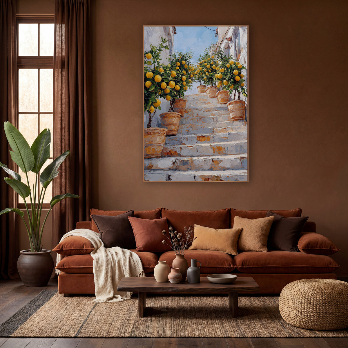 Potted Lemon Trees Stairway Mediterranean wall art in a warm boho-style room – terracotta pots with lemon trees line