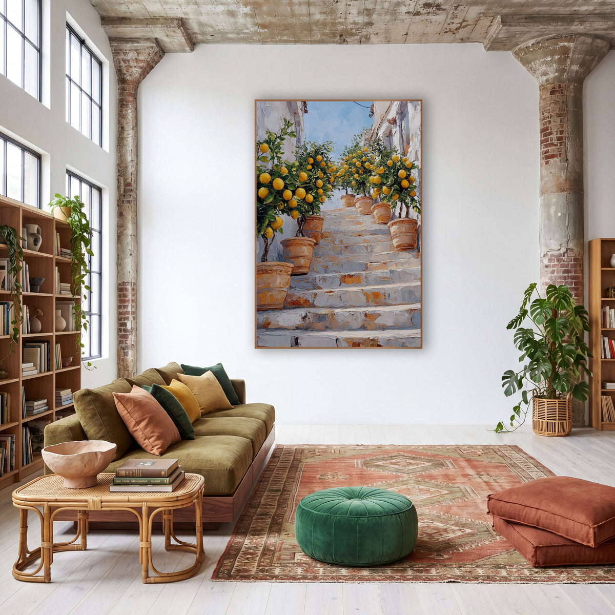 Potted Lemon Trees Stairway Mediterranean wall art in a warm boho-style room – terracotta pots with lemon trees line