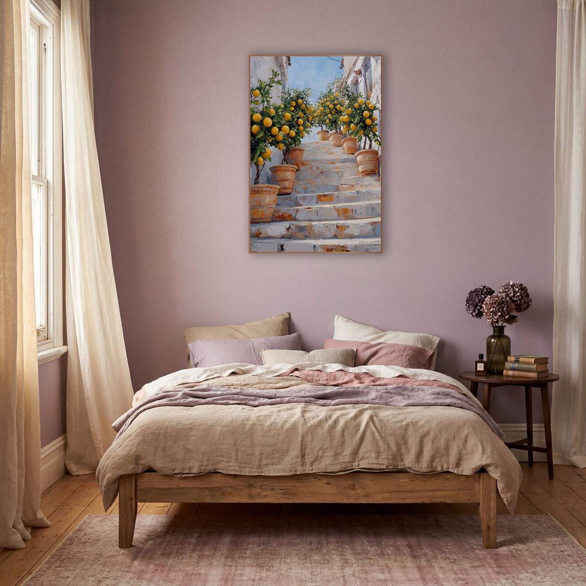 Potted Lemon Trees Stairway Mediterranean wall art in a warm boho-style room – terracotta pots with lemon trees line