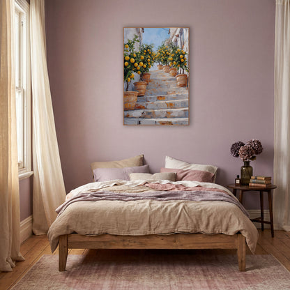 Potted Lemon Trees Stairway Mediterranean wall art in a warm boho-style room – terracotta pots with lemon trees line