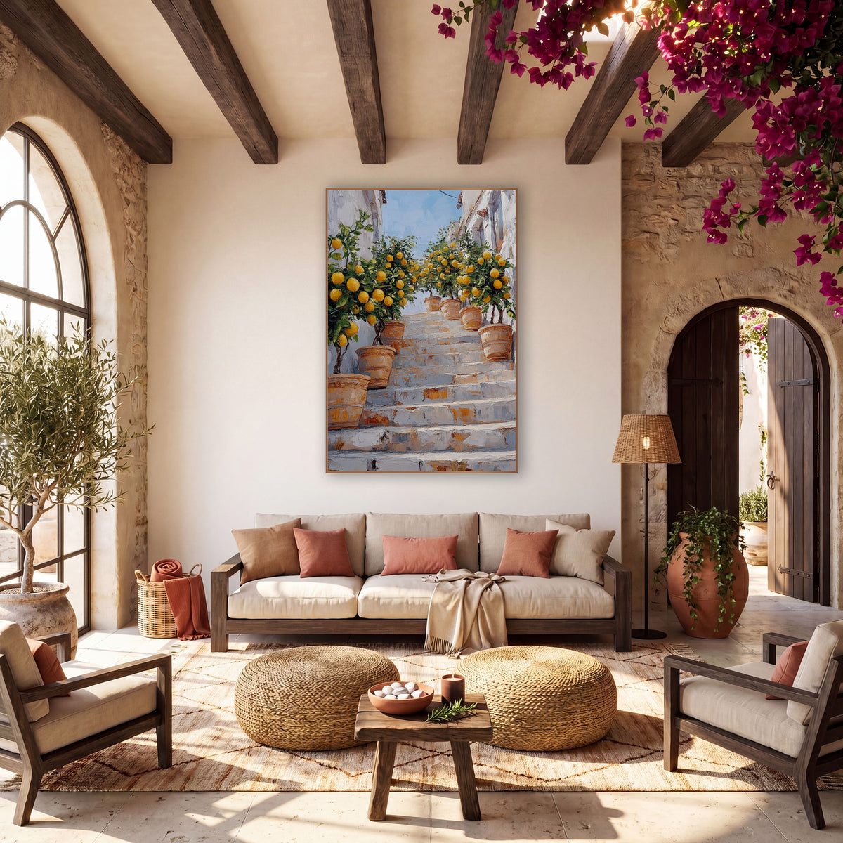 Potted Lemon Trees Stairway Mediterranean wall art in a warm boho-style room – terracotta pots with lemon trees line