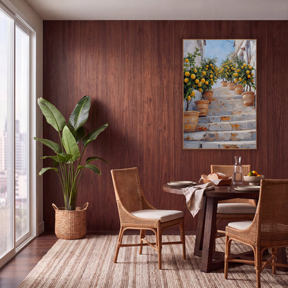 Potted Lemon Trees Stairway Mediterranean wall art in a warm boho-style room – terracotta pots with lemon trees line