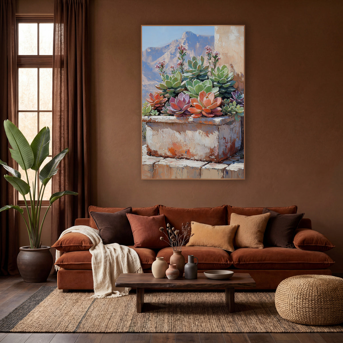 Succulent Trough Desert Boho wall art in a warm boho-style room – succulents in green, coral and mauve in a weathered
