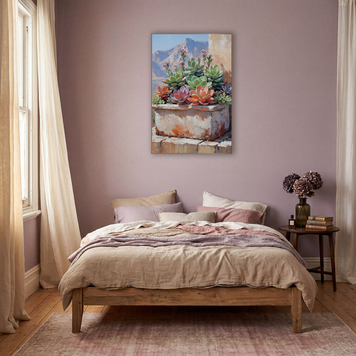 Succulent Trough Desert Boho wall art in a warm boho-style room – succulents in green, coral and mauve in a weathered