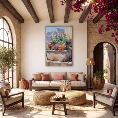 Succulent Trough Desert Boho wall art in a warm boho-style room – succulents in green, coral and mauve in a weathered