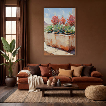 Tall Coral Rosettes Mesa Painterly wall art in a warm boho-style room – coral and pale green succulents in a chipped