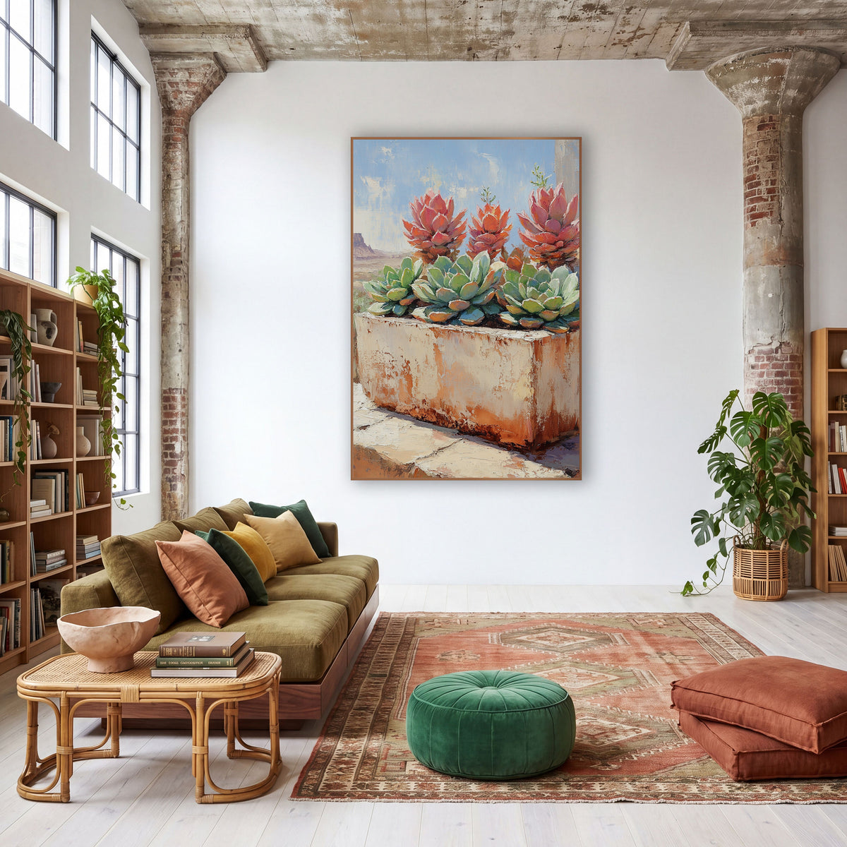 Tall Coral Rosettes Mesa Painterly wall art in a warm boho-style room – coral and pale green succulents in a chipped