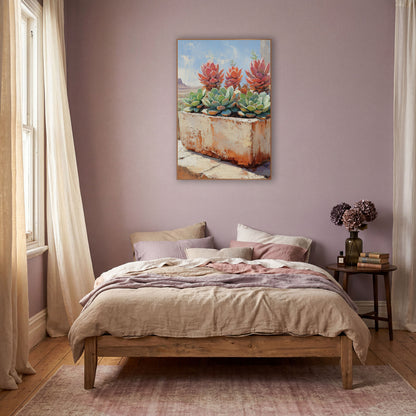Tall Coral Rosettes Mesa Painterly wall art in a warm boho-style room – coral and pale green succulents in a chipped