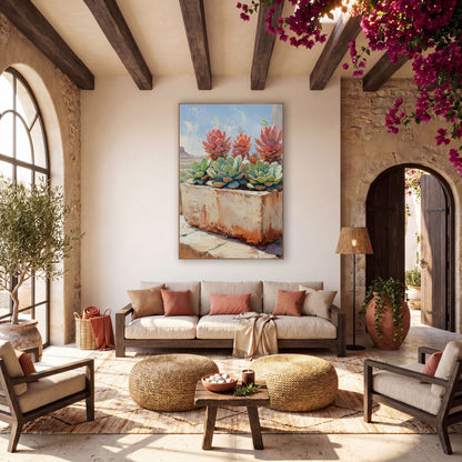 Tall Coral Rosettes Mesa Painterly wall art in a warm boho-style room – coral and pale green succulents in a chipped