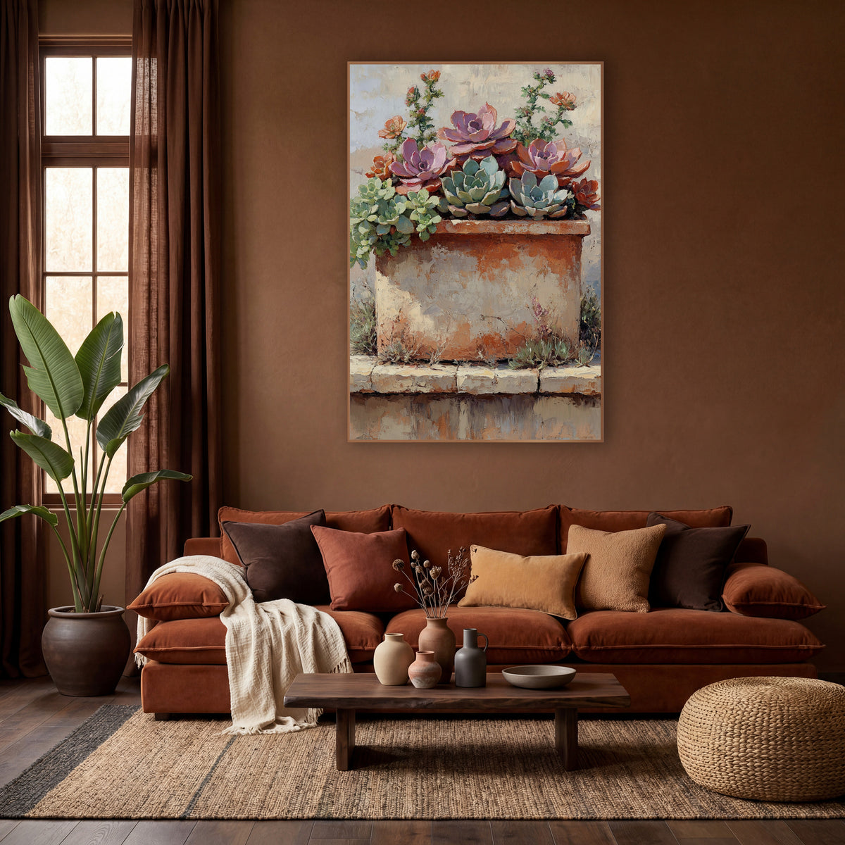Rosette Succulent Clay Trough Boho wall art in a warm boho-style room – painting of pink, sage and rust succulents
