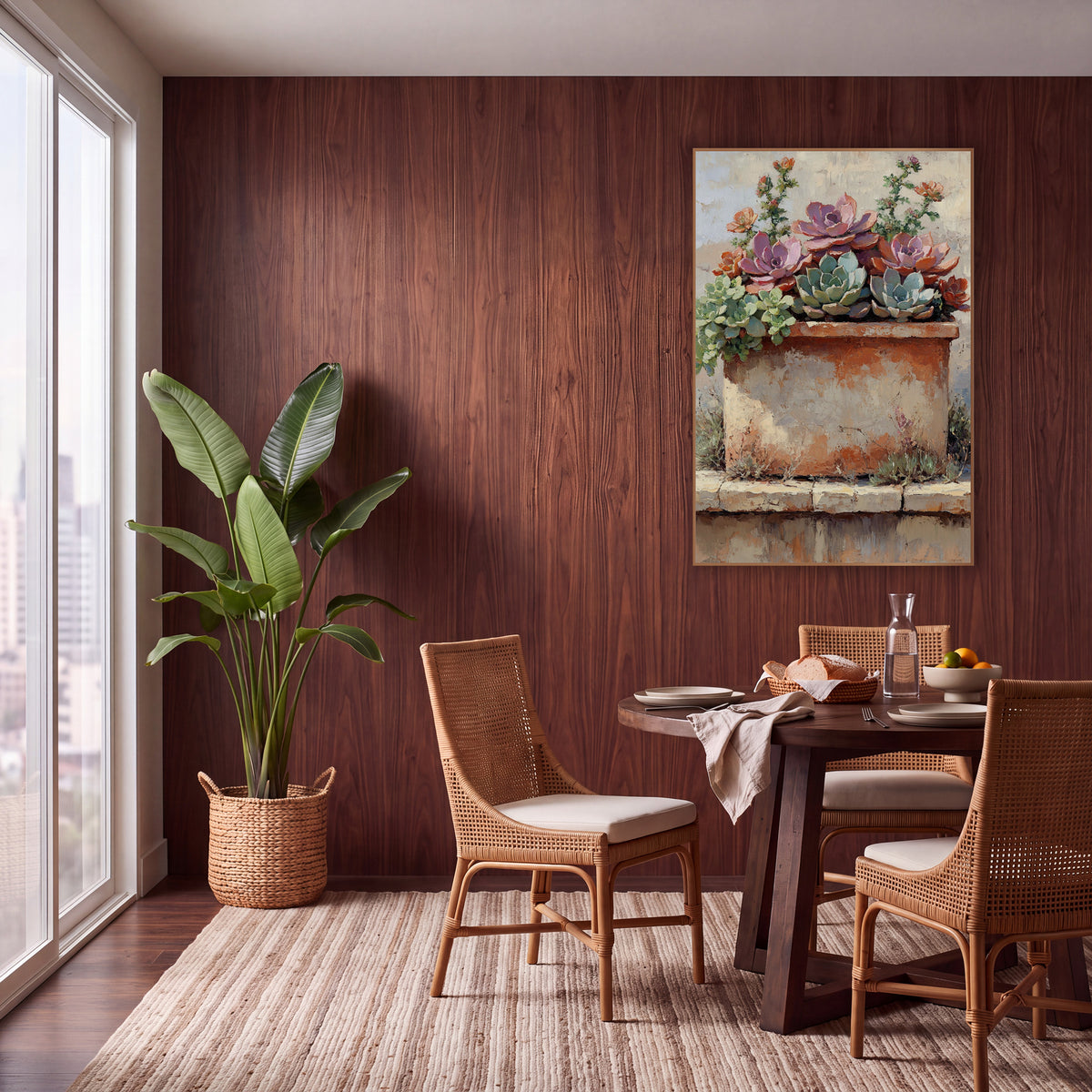 Rosette Succulent Clay Trough Boho wall art in a warm boho-style room – painting of pink, sage and rust succulents