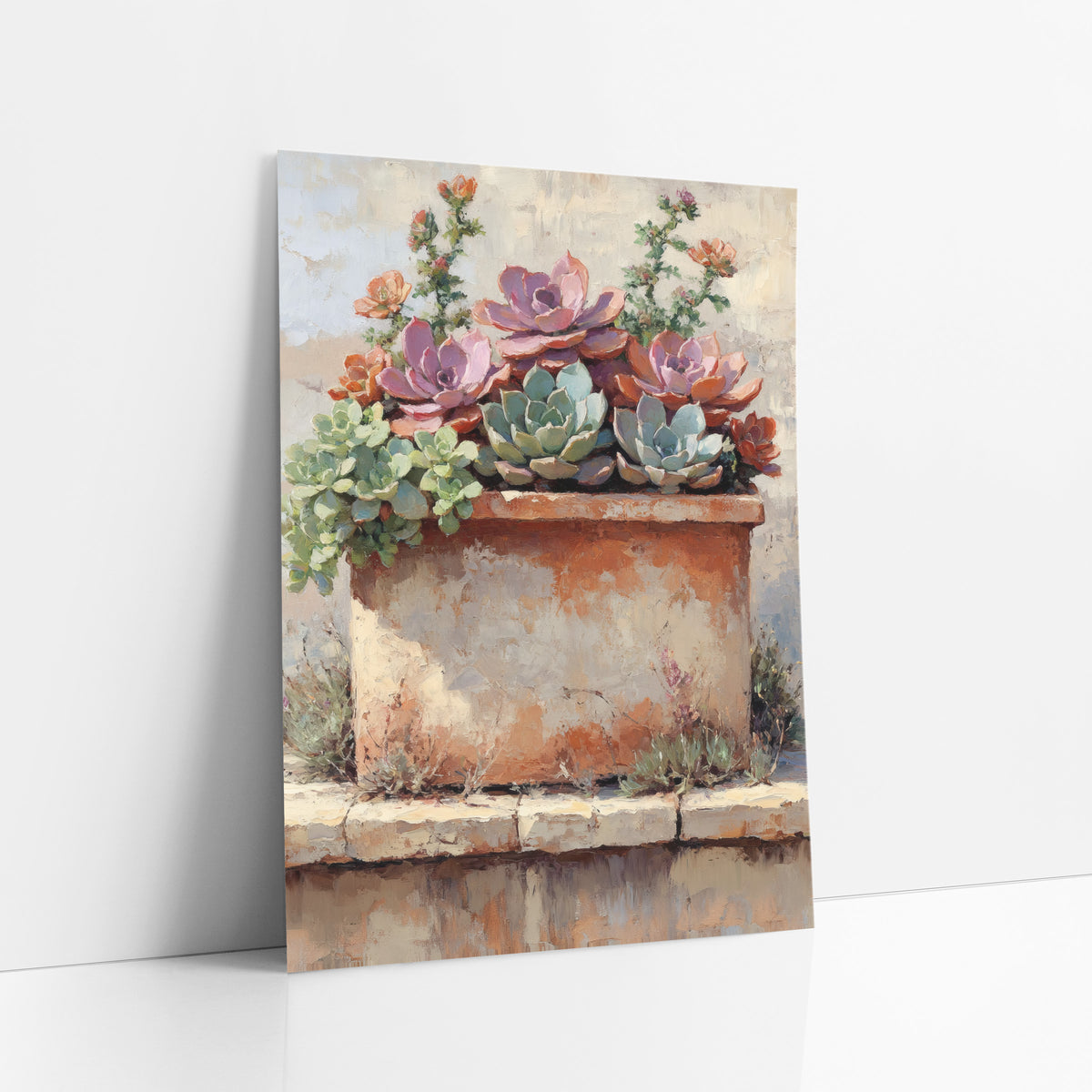 Rosette Succulent Clay Trough Boho art print leaning against a white wall – painting of pink, sage and rust succulents