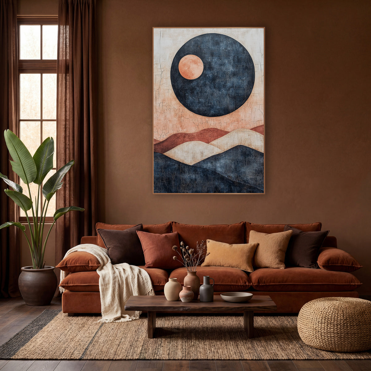 Navy Orb Terracotta Hills Boho wall art in a warm boho-style room – abstract boho artwork of a large navy circle