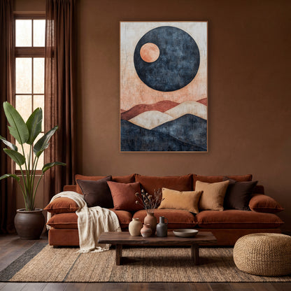 Navy Orb Terracotta Hills Boho wall art in a warm boho-style room – abstract boho artwork of a large navy circle