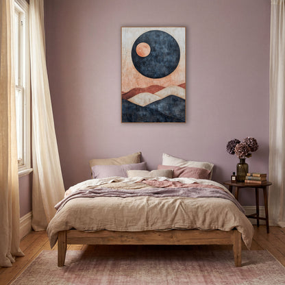 Navy Orb Terracotta Hills Boho wall art in a warm boho-style room – abstract boho artwork of a large navy circle