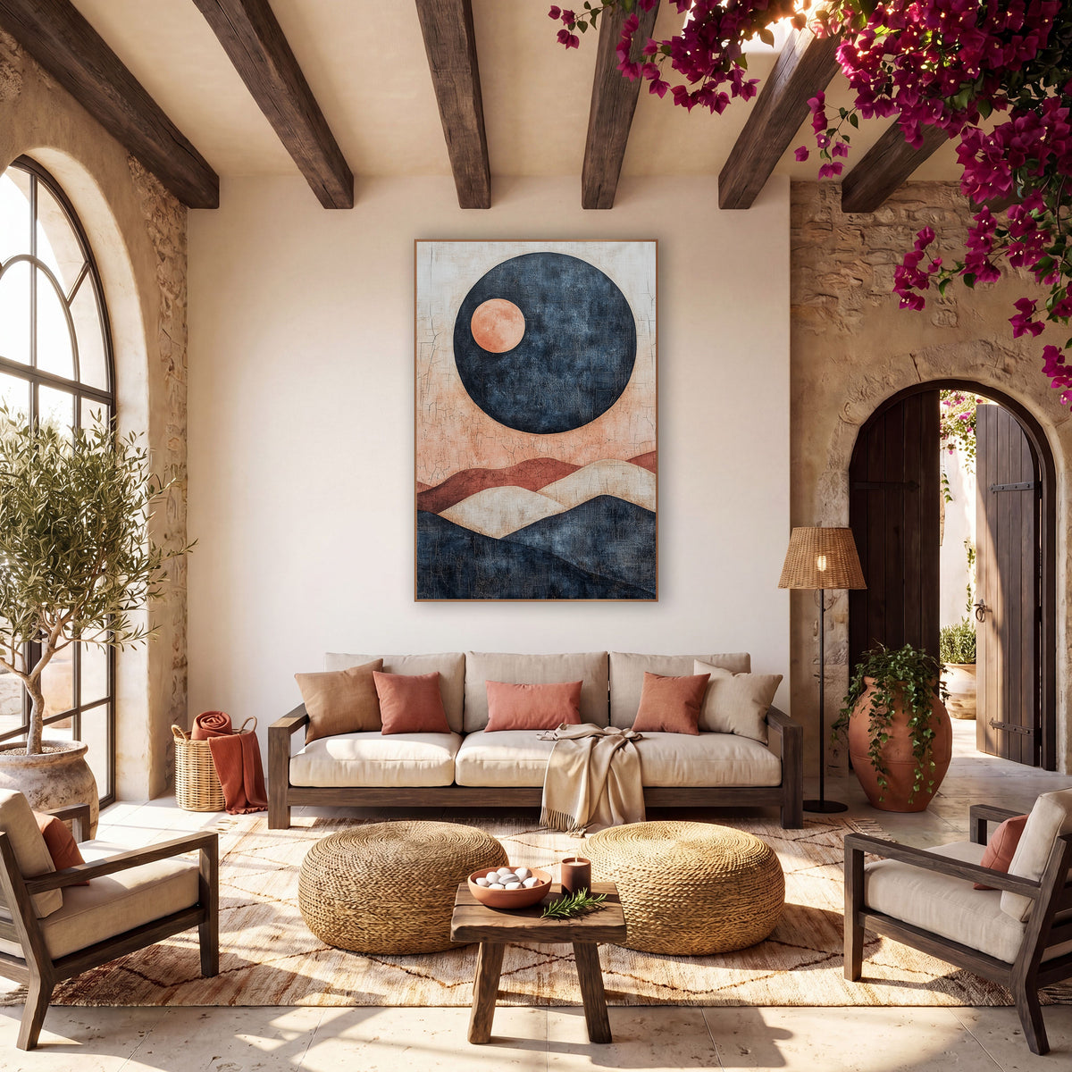 Navy Orb Terracotta Hills Boho wall art in a warm boho-style room – abstract boho artwork of a large navy circle